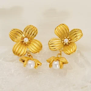 Stainless Steel Flower Pearl Women’s Earrings Electroplated Exaggerated High-end Trendy Studs Accessories