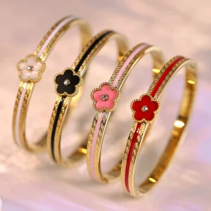 Stainless Steel Four Leaf Clover Colorful Shell Light Luxury Fashionable Elegant Women’s Charm Bangle