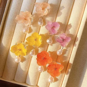 Stainless Steel Freshwater Pearl Earrings Real Eternal Flower Hydrangea Multi Colors Handmade Pearl Earrings