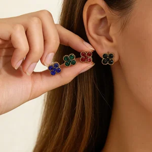 Stainless Steel Full Diamonds Earrings Women’s Four Leaf Clover Stud Earrings