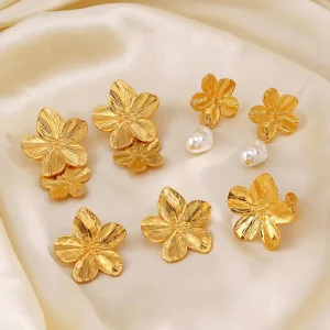 Stainless Steel Geometric Bohemian Earring with Imitation Pearl PVD 18K Gold Plated Flower Stud Earrings