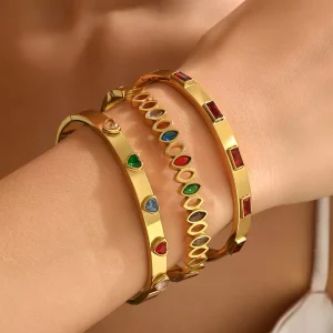 Stainless Steel Geometric Bracelet Set Colorful Zircon Bangles for Party Gift