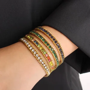 Stainless Steel Geometric Colorful Crystal Zircon Cuban Chain Bracelet for Women