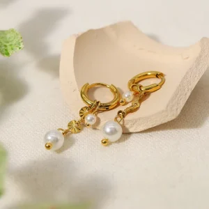 Stainless Steel Geometric Pearl Pendant Earrings 18K Gold plated Drop Earrings for Women Party Jewelry