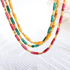 Stainless Steel Gold Beads Stone Necklace for Women, Boho Gemstone Beaded Necklace