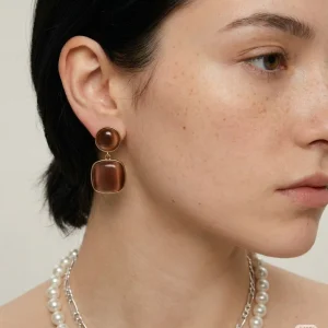 Stainless Steel Gold Plated Brown Resin Geometric Statement Dangle Hoop Drop Earrings