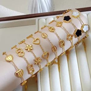 Stainless Steel Gold Plated Charm Bracelets for Women Clover Heart Letter Chain Bracelet Daily Wear Jewelry