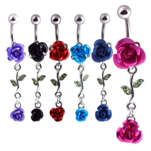 Stainless Steel Gold Plated Dangling Rose Flower Belly Button Ring Fashion Body Jewelry Navel Rings Party Gift