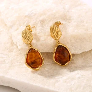 Stainless Steel Gold Plated Double Layer Resin Drop Earrings Wrinkled Elliptical Geometric Women’s Earrings