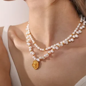 Stainless Steel Gold Plated Freshwater Pearl Necklace Tarnish Free Waterproof Medallion Pendant Beaded Chain