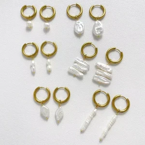 Stainless Steel Gold Plated Geometric Baroque Freshwater Pearl Drop Earrings for Women Wedding Beach