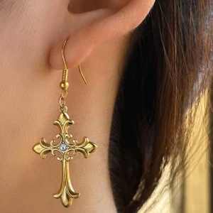 Stainless Steel Gold Plated Gothic Vintage Cross Pendant Hoop Earrings Men Women Personalized Hip hop Trendy Gift