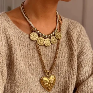 Stainless Steel Gold-Plated Heart and Round Pendant Long Necklace Set with Multiple Charms