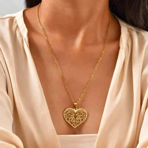 Stainless Steel Gold Plated Hollow Heart-shaped Life Tree Pendant Necklace with Link Chain for Women Party Occasions