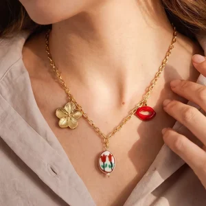 Stainless Steel Gold Plated Link Chain Hand Painted Tulip Flowers Enamel Pendant Vintage Beaded Sunflower Design Women’s Gift
