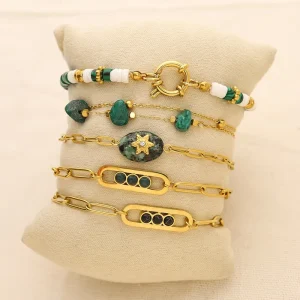 Stainless Steel Gold Plated Natural Stone Pendant Charm Bracelet Women’s Stacked Geometric Design Trendy Jewelry