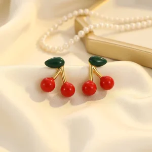 Stainless Steel Gold Plated Red Enamel Cherry Drop Earrings Women Cute Sweet Fruit Dangle Summer Fashion Jewelry