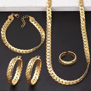 Stainless Steel Gold Plated South American Chain Necklace Earrings Ring Bracelet Jewelry Set