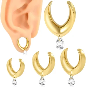 Stainless Steel Gold Plated U-Shaped Pendant Zircon Drops All-In-One Unisex 8mm Body Piercing Ear Tunnels Body