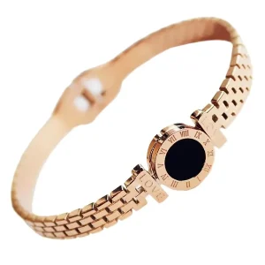 Stainless Steel Gold Plated Women’s Bangle Bracelet with Love Roman Numeral Design