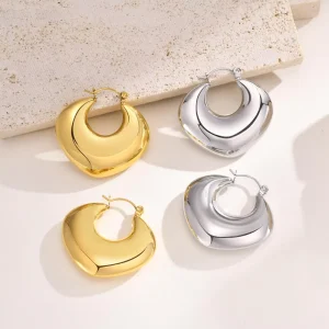 Stainless Steel Gold Plated Women’s Trendy French Fashion Hollow Geometric Heart Hoop Earrings Party Accessories