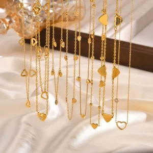 Stainless Steel Gold Zircon Heart Love Charm Pendant Layered Chain Necklaces for Women