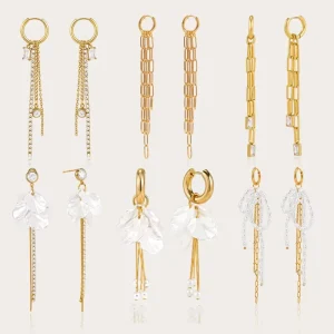 Stainless Steel Gold-plated Chain Tassel Earrings with Pearl and Zircon