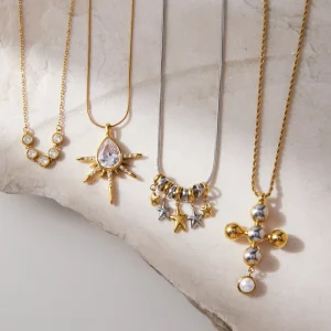 Stainless Steel Gold plated Necklace with Water Droplet and Round Zircon Inlay for Women