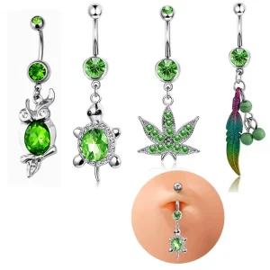 Stainless Steel Green Zircon Turtle Dangle Belly Button Rings Women Navel Piercing Body Jewelry