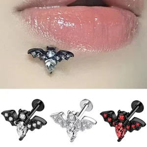 Stainless Steel Halloween Bat Zircon Devil Cool Punk Girl Piercing Lip Stud