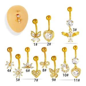 Stainless Steel Heart Butterfly Flower CZ Crystal Pearl Navel Ring Belly Button Piercing Jewelry