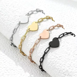Stainless Steel Heart Charm Paperclip Chain Bracelet, Custom Engravable, Multi-Color for Women & Gifts