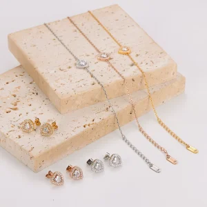 Stainless Steel Heart Cubic Zirconia Jewelry Women PVD Gold Plated Heart Bracelet Stud Earrings Daily Fashion Accessories