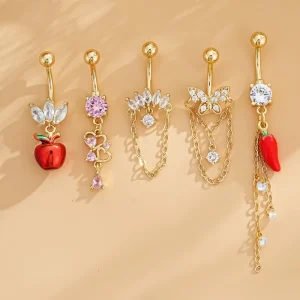 Stainless Steel Hip Hop Body Jewelry Heart-Shaped Micro Inlaid Zircon Chain Belly Button Nail Puncture Accessory