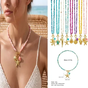 Stainless Steel INS Ocean Series Pendant Colored Natural Shell Handmade Beaded Necklace Women Summer Beach Vacation