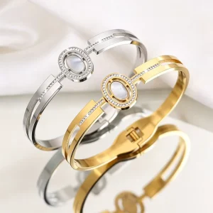Stainless Steel Inlaid Zircon Opal Bangle Adjustable 18K Gold Plated Fashion Women Spring Bangle