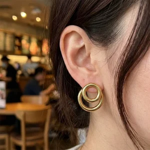 Stainless Steel Interlocking Multi Ring Stud Earrings 18K Gold Plated Chunky Circular Statement Earrings Fashion Jewelry