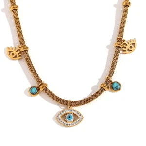 Stainless Steel Jewelry 316L 18K Gold Plated Mesh Chain Spacer Bead Turquoise Eye Necklace Waterproof Charm Necklace