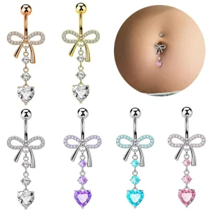 Stainless Steel Jewelry Fashion Colorful Bow Heart Dangle Navel Belly Button Rings Zircon Piercing Jewelry Navel Ring
