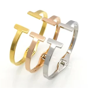 Stainless Steel Jewelry Gold Double L Spring Open Bracelet T shaped Titanium Steel Bracelet Women’s Bracelet