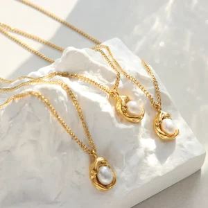 Stainless Steel Jewelry Necklace With Pearl 18k Gold Plated Fresh Water Pearl Necklaces