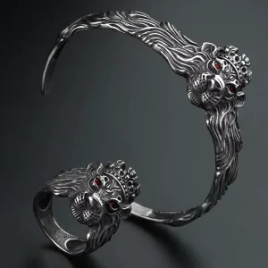 Stainless Steel Jewelry Set Hip Hop Jewelry Lion Ring Men’s Ring Fashion Trend Rock Party Ring Bangle