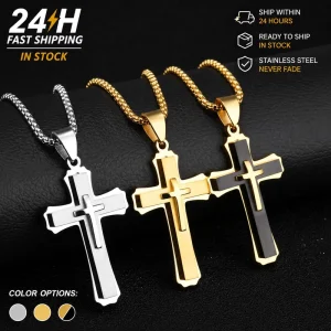 Stainless Steel Jewelry Unique Multi Color Three Dimensional Cross Pendant Necklace Gifts for Men