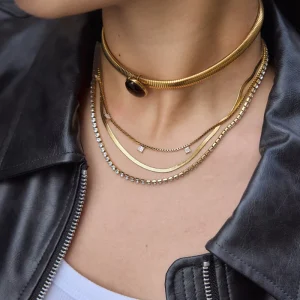 Stainless Steel Layered Choker Necklace Set 18K Gold Plated Mixed Chain Snake Herringbone CZ Statement Necklaces Fashion Jewelry