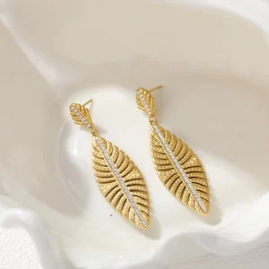 Stainless Steel Leaf Shaped Pendant Earrings Waterproof PVD Plated 18K Gold Jewelry for Women