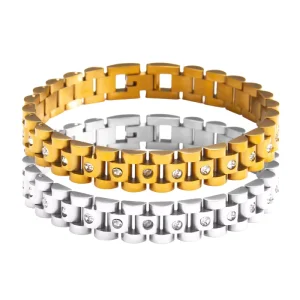 Stainless Steel Link Chain Bracelet with Crystal Inlay Gold & Silver Unisex Jewelry