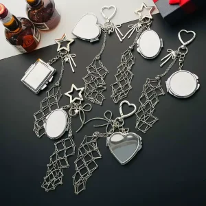 Stainless Steel Lip Balm Keychain Net Pocket Lipstick Bag Keychain Charm Bag Pendant Mirror Accessories