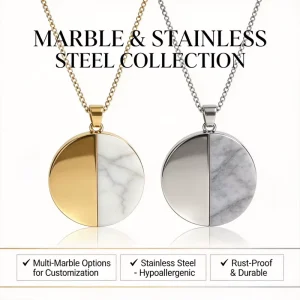 Stainless Steel Marble Half Moon Pendant Necklace Customizable Natural Stone Rust Proof Hypoallergenic