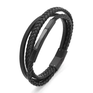 Stainless Steel Men’s Costume Jewelry Multilayer Black Microfiber Leather Bracelet