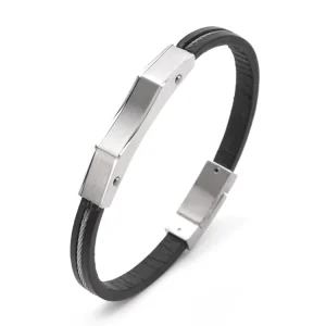 Stainless Steel Men’s Fashion Jewelry Simple Wire Microfiber Leather Bracelet